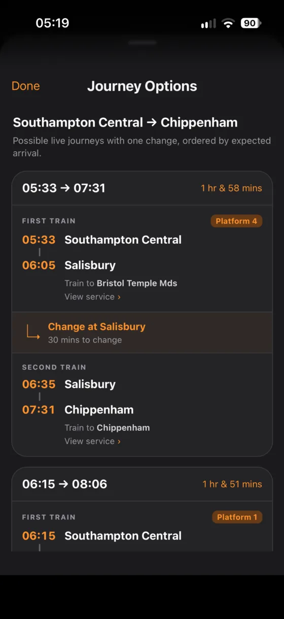 Journey Options showing a two-train journey via Salisbury