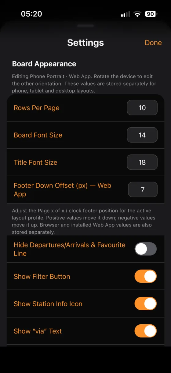 UK Train Info Settings showing Board Appearance options
