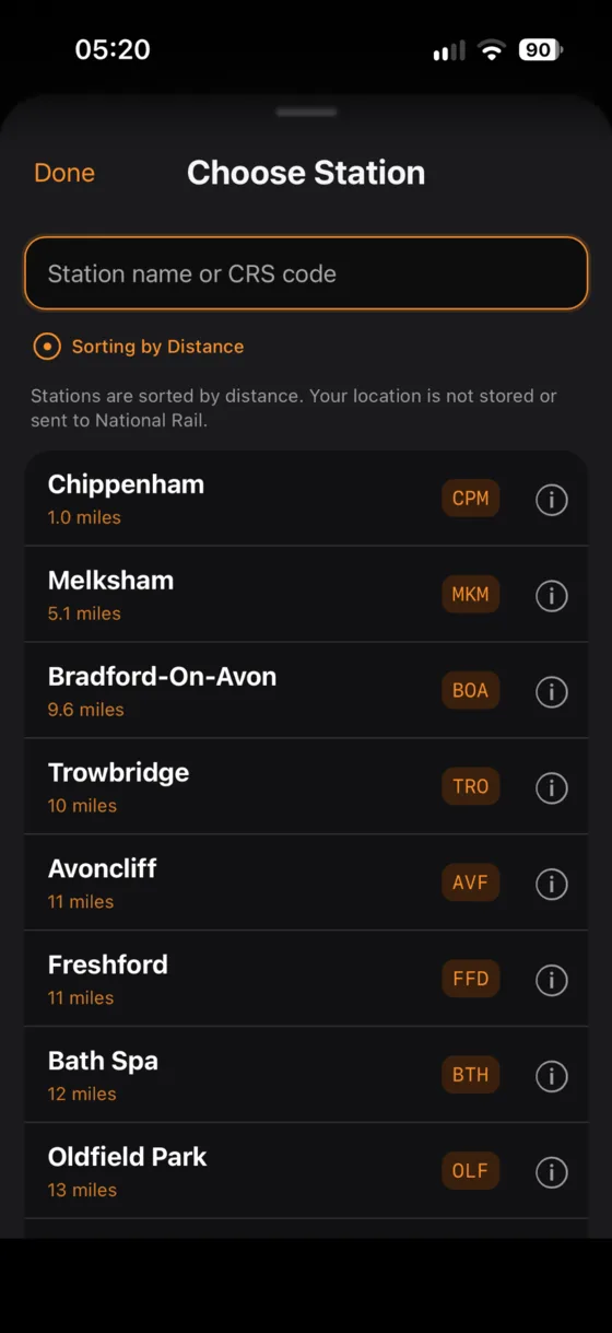 Choose Station screen sorted by distance