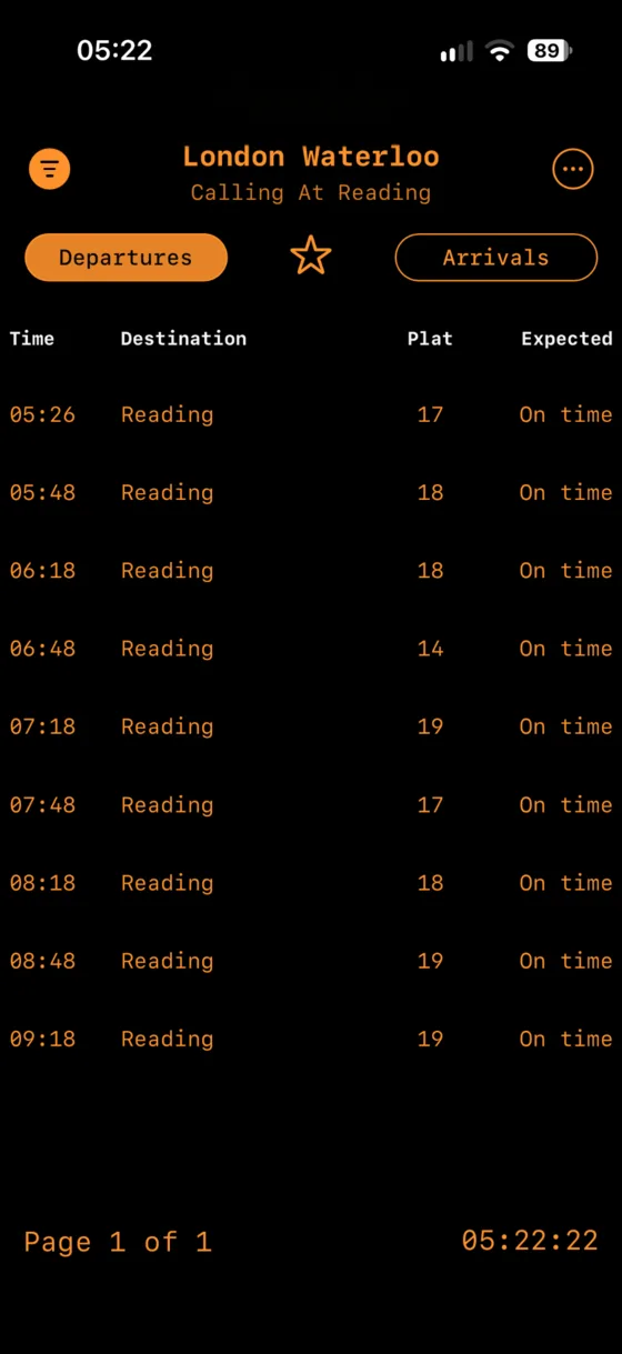 London Waterloo departures filtered to services calling at Reading