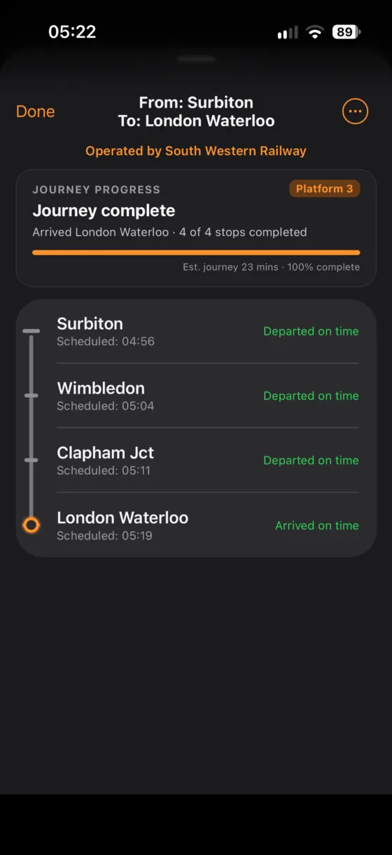 Completed Surbiton to London Waterloo service details