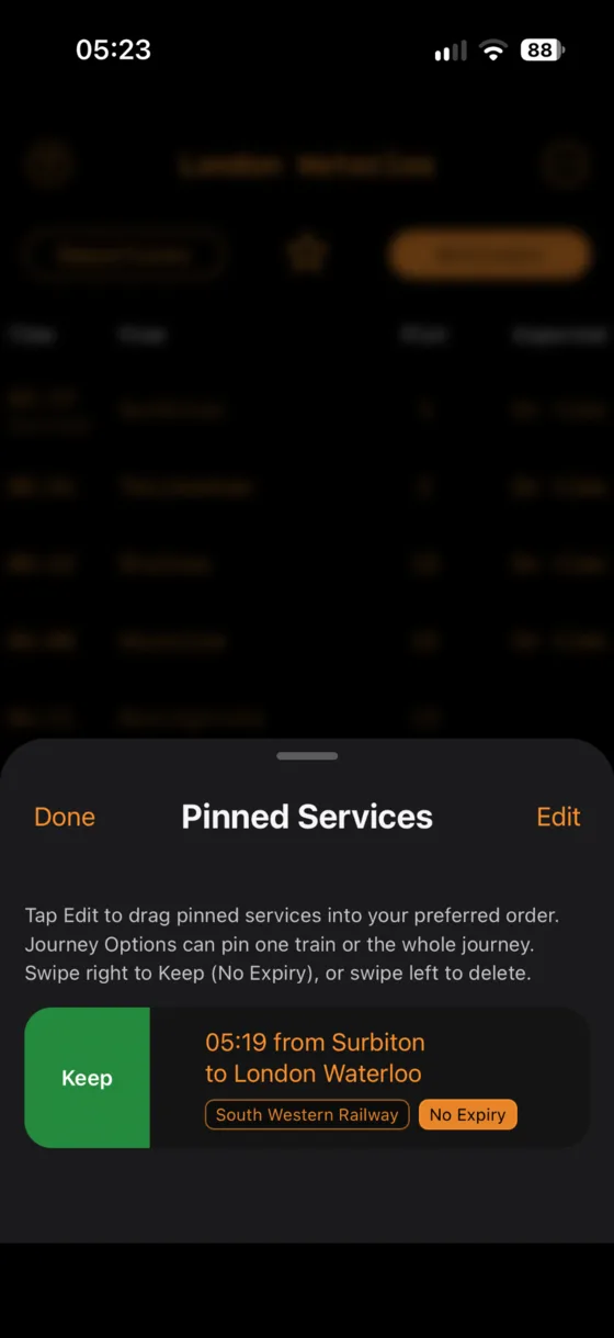 Pinned Service swiped right revealing Keep