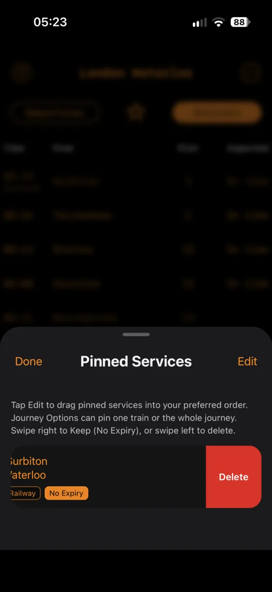Pinned Service swiped left revealing Delete