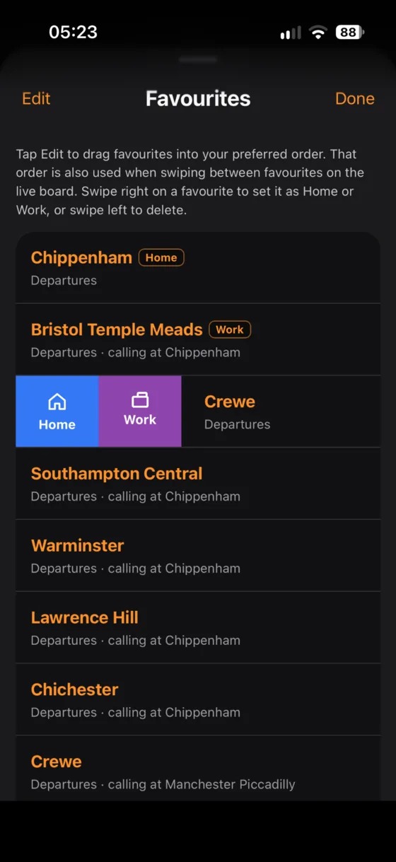 Favourite row swiped right showing Home and Work actions