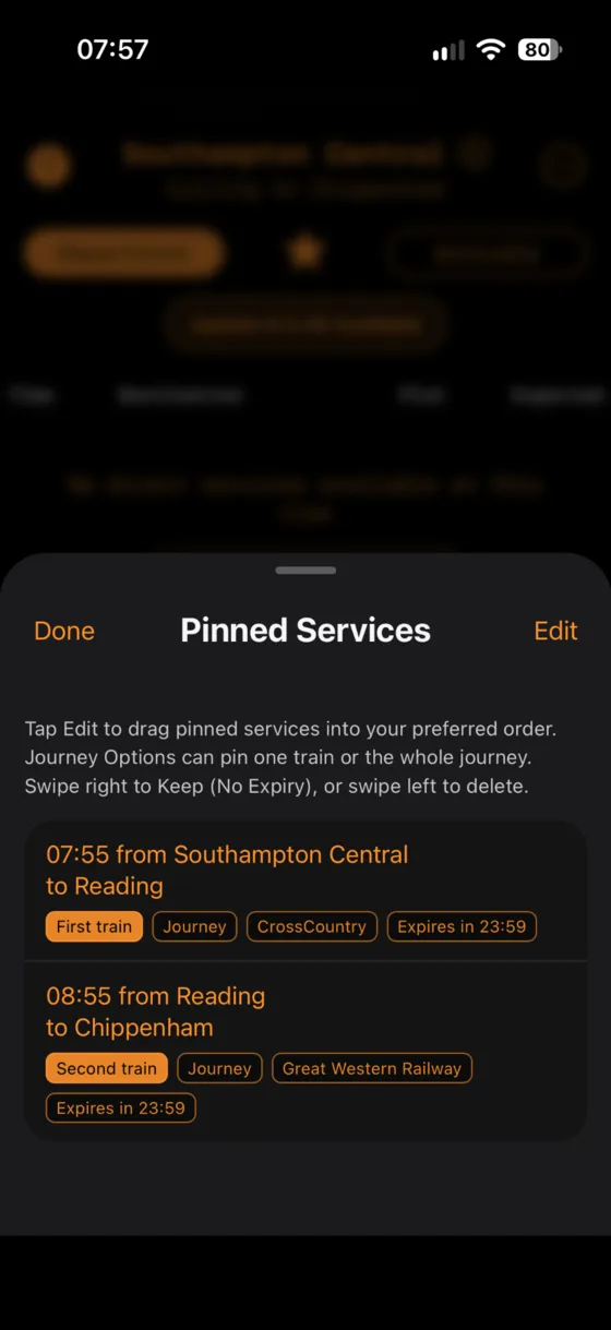 Pinned Services showing first and second train of one pinned journey