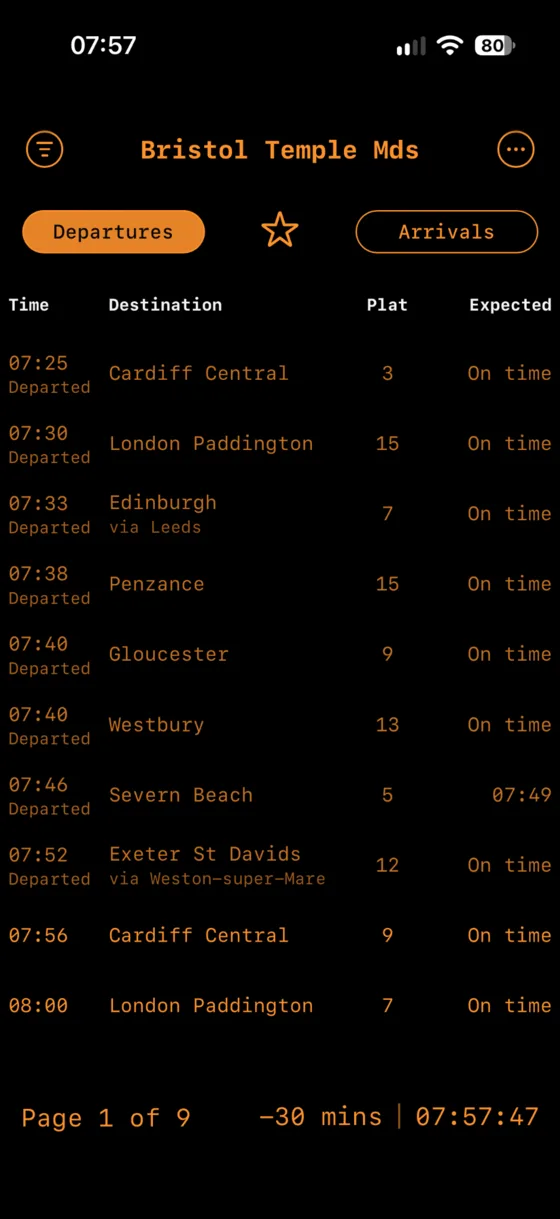 Chippenham live board showing the minus 30 minute historic view