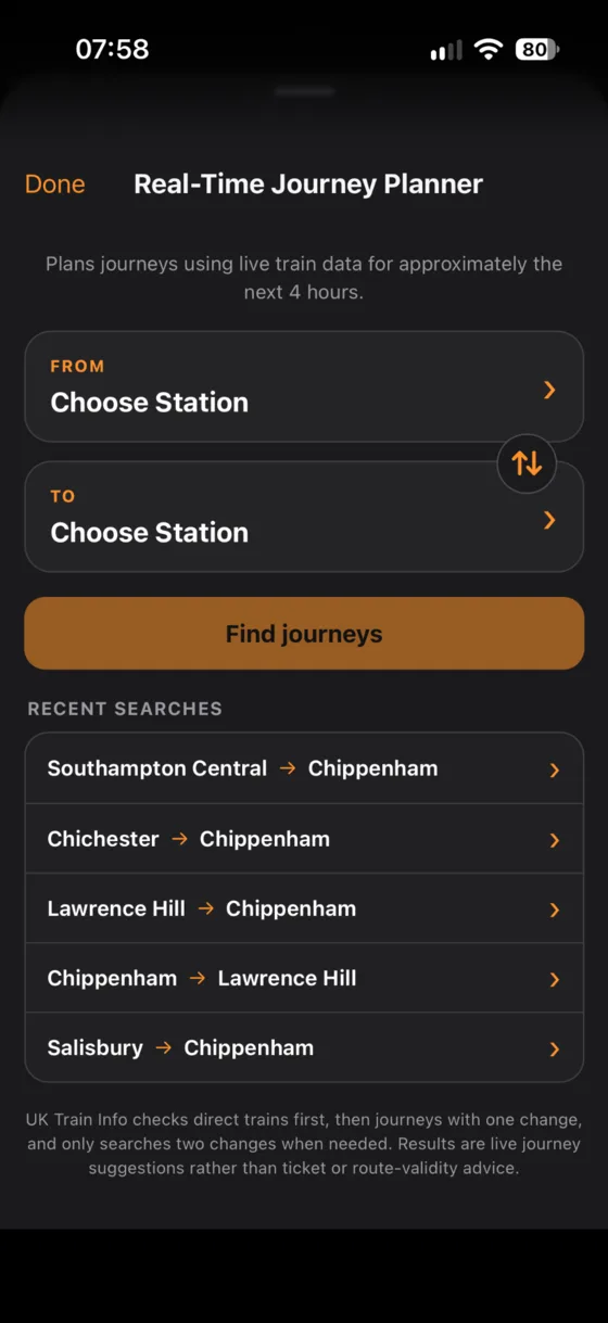 Real-Time Journey Planner with From and To station selectors and recent searches