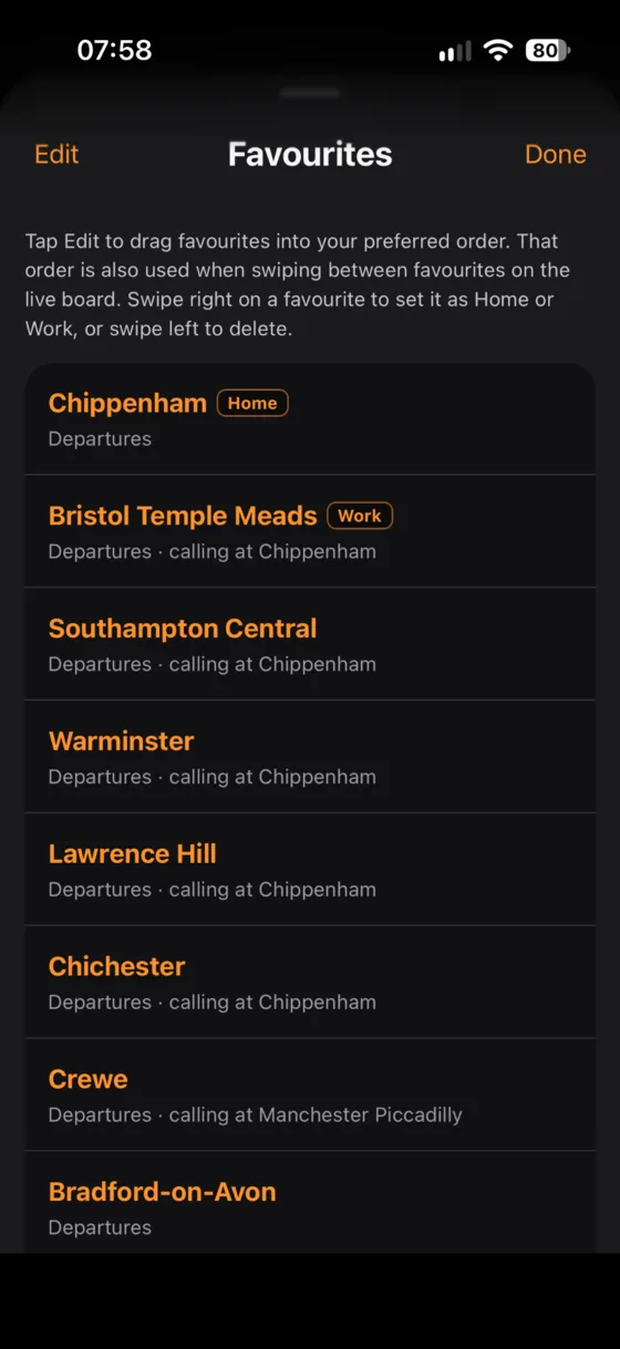 Favourites screen containing Home, Work and other saved boards