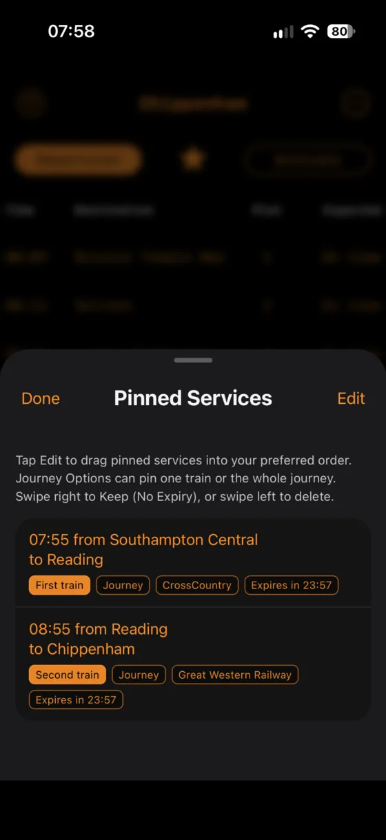 Pinned Services showing a two-train pinned journey
