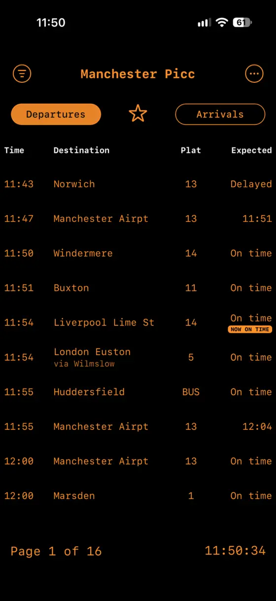 Manchester Piccadilly live departure board showing multiple services and a NOW ON TIME badge