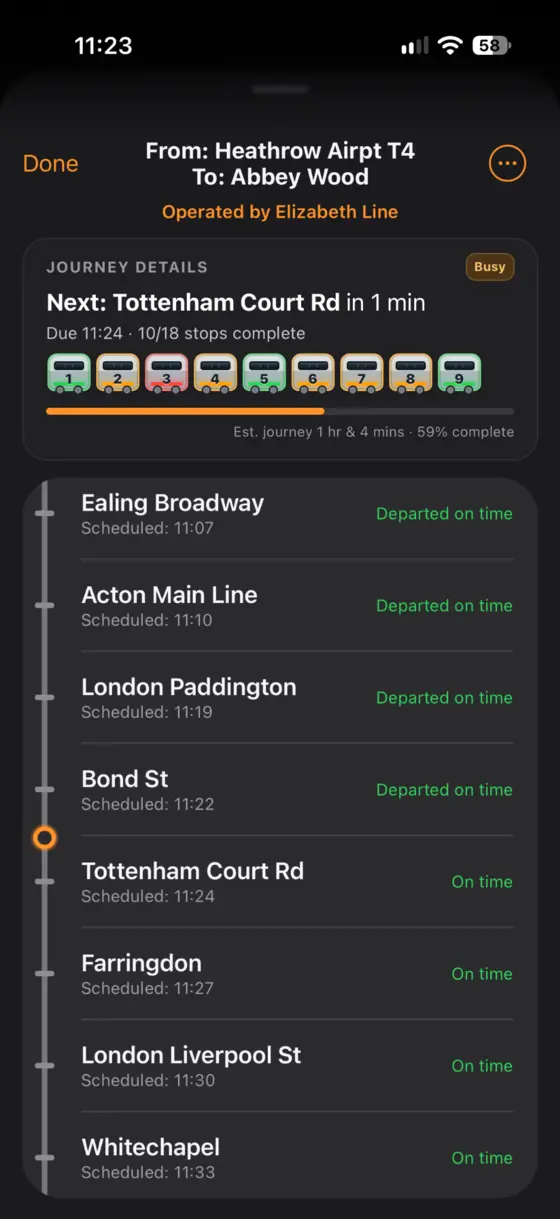 UK Train Info Service Details showing Journey Progress and carriage occupancy