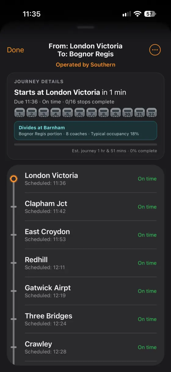 Service Details for a dividing Southern service from London Victoria to Bognor Regis
